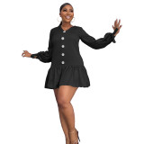 Autumn Fashion Button Shirt Flounce Dress Women Casual V-Neck Long Sleeve Button Shirt Mini Dress