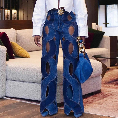 Blue Daily Cut Out Straight Leg Denim Pants