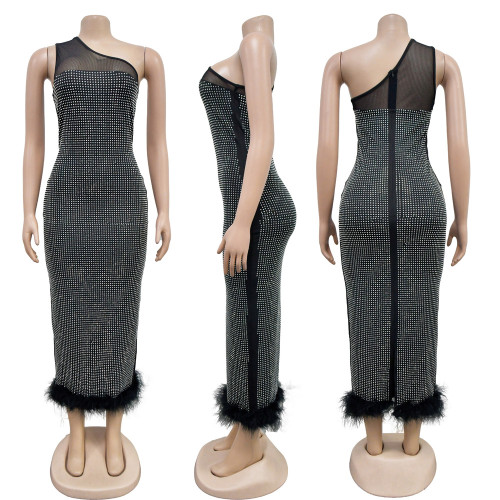 One-Shoulder Mesh Embellished Feather Bandage Dress