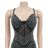 Solid Color Mesh Rhinestone Spaghetti Strap Short Dress