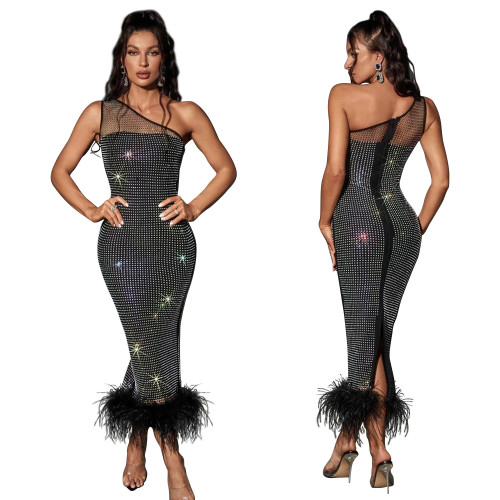 One-Shoulder Mesh Embellished Feather Bandage Dress