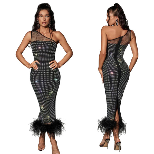One-Shoulder Mesh Embellished Feather Bandage Dress