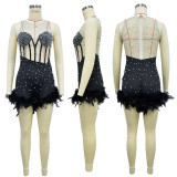 Sparkling Sleeveless Feather Shorts Jumpsuit