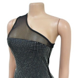 One-Shoulder Mesh Embellished Feather Bandage Dress