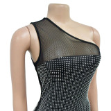 One-Shoulder Mesh Embellished Feather Bandage Dress