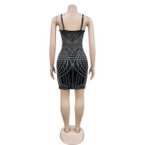 Solid Color Mesh Rhinestone Spaghetti Strap Short Dress
