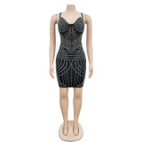 Solid Color Mesh Rhinestone Spaghetti Strap Short Dress