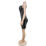 Solid Color Mesh Rhinestone Spaghetti Strap Short Dress