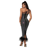 One-Shoulder Mesh Embellished Feather Bandage Dress