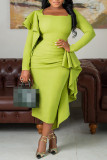 Plus Size Semi Formal Green Long Sleeve Ruffle Square Neck Midi Dress