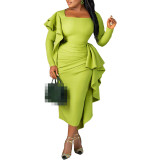 Plus Size Semi Formal Green Long Sleeve Ruffle Square Neck Midi Dress
