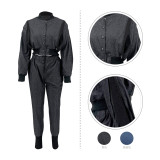 Casual Zip Single-breasted Jacket Casual Denim Threaded Set