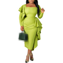 Plus Size Semi Formal Green Long Sleeve Ruffle Square Neck Midi Dress