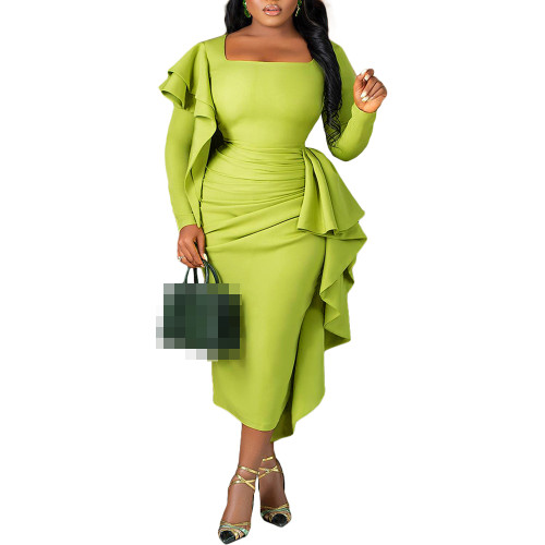 Plus Size Semi Formal Green Long Sleeve Ruffle Square Neck Midi Dress