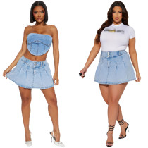 Casual Pleated Denim Bodycon Mini Skirt