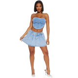 Casual Pleated Denim Bodycon Mini Skirt