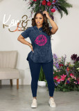 Plus Size Casual Print Short Sleeve Sport Two Piece Set