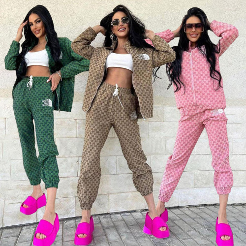 Winter New Soft High Elastic Thick Embroidered Zipper Jacket Women's Set