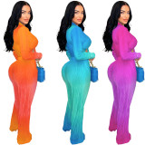Women Gradient Color Deep V Long Sleeve Top and Trousers Two-Piece Set