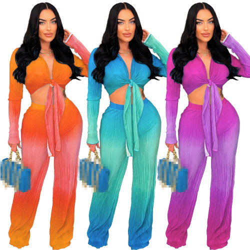 Women Gradient Color Deep V Long Sleeve Top and Trousers Two-Piece Set