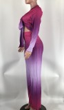 Women Gradient Color Deep V Long Sleeve Top and Trousers Two-Piece Set