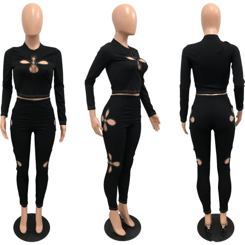 Y2K Versatile Tight Four-leaf hollow Solid Long Sleeve Top T-shirt Women Round Neck Sexy Club Party Crop Top