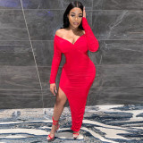 Fashion Design Dress Summer Solid Off Shoulder Close-fitting Pleated Asymmetrical Ankle Length Sexy club