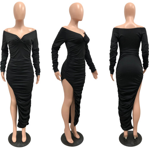 Fashion Design Dress Summer Solid Off Shoulder Close-fitting Pleated Asymmetrical Ankle Length Sexy club