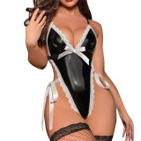 Women's Seductive Cut-Out Back Patent Leather Teddy Lingerie