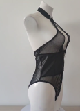 Sexy Women's Cut-Out Fishnet Backless Halter Patent Leather Lingerie