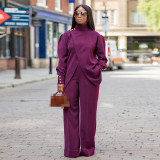 High Neck Irregular Split Long Sleeve Casual Two Piece Set