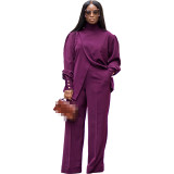 High Neck Irregular Split Long Sleeve Casual Two Piece Set