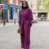 High Neck Irregular Split Long Sleeve Casual Two Piece Set