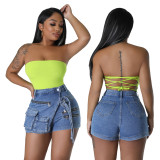 Stretch Denim Cargo Zipper Multi-Pocket Jean Shorts