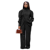 High Neck Irregular Split Long Sleeve Casual Two Piece Set