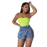 Stretch Denim Cargo Zipper Multi-Pocket Jean Shorts