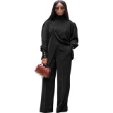 High Neck Irregular Split Long Sleeve Casual Two Piece Set