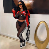 Letter Print Baseball Varsity Jacket Detachable 2 Piece Set Cyber Racer Cropped Jackets Trench Coats+ Skirt Matching Tracksuits