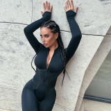 Fashionable Sporty Leather Weave Belt Line Long Sleeve Zipper Tight Lifting Jumpsuits