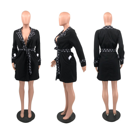 Casual Lapel Print Lapel Long Jacket Coat with Belt