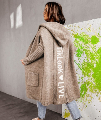 Amazon Knitted Sweater Women's Cardigan Letter Loose Mid-length Jacket Hooded