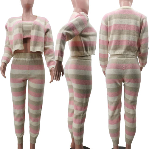 Women's Fashion Knitted Colorful Striped Sports Three Piece Set