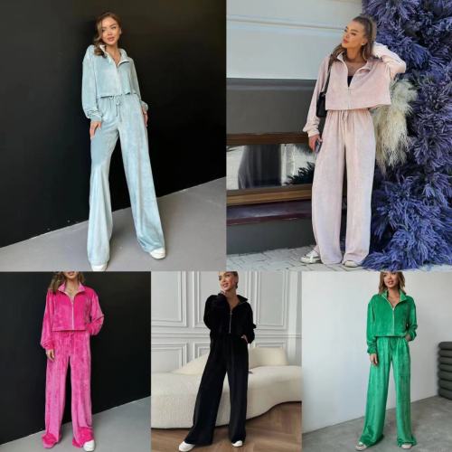 Soft Walking Clothing Womens Zipper Lapel Velour Tracksuit Two Pieces