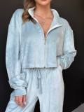 Soft Walking Clothing Womens Zipper Lapel Velour Tracksuit Two Pieces