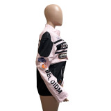 Letter Print Baseball Varsity Jacket Detachable 2 Piece Set Cyber Racer Cropped Jackets Trench Coats+ Skirt Matching Tracksuits
