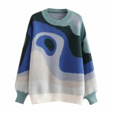 2023 Contrasting Color Jacquard Round Neck Warm Loose Casual Long Sleeve Women's Pullover Sweater