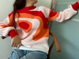 2023 Contrasting Color Jacquard Round Neck Warm Loose Casual Long Sleeve Women's Pullover Sweater