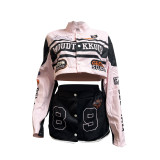 Letter Print Baseball Varsity Jacket Detachable 2 Piece Set Cyber Racer Cropped Jackets Trench Coats+ Skirt Matching Tracksuits