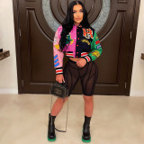 Varsity Print Baseball Jacket Letterman Women Crop Streetwear Racing Bomber Coat