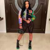 Varsity Print Baseball Jacket Letterman Women Crop Streetwear Racing Bomber Coat